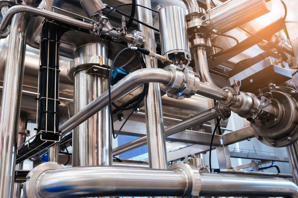 Stainless steel industrial pipes and valves