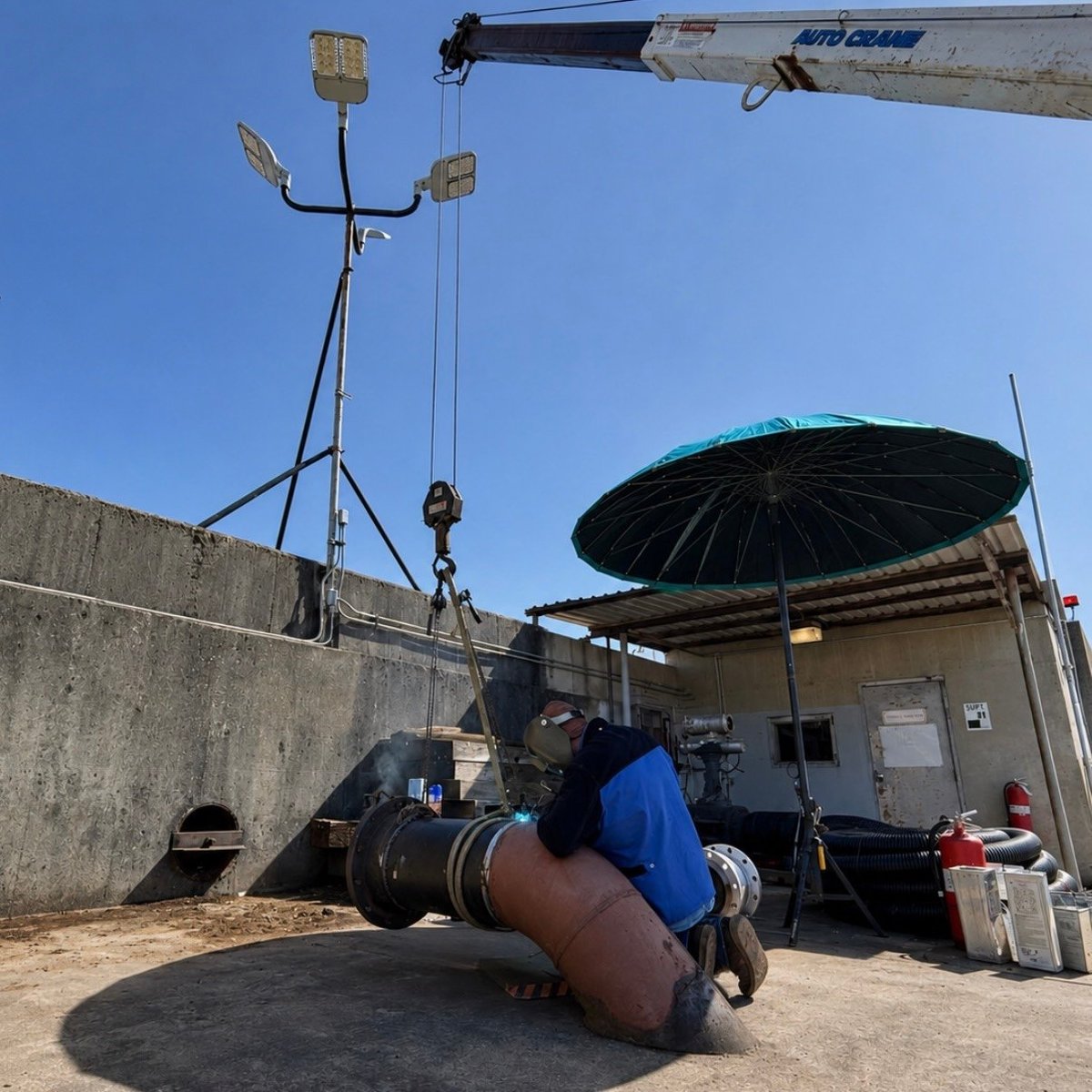 Construction site with crane lifting large metal pipe, worker in blue shirt supervising, concrete structure and umbrella shelter visible